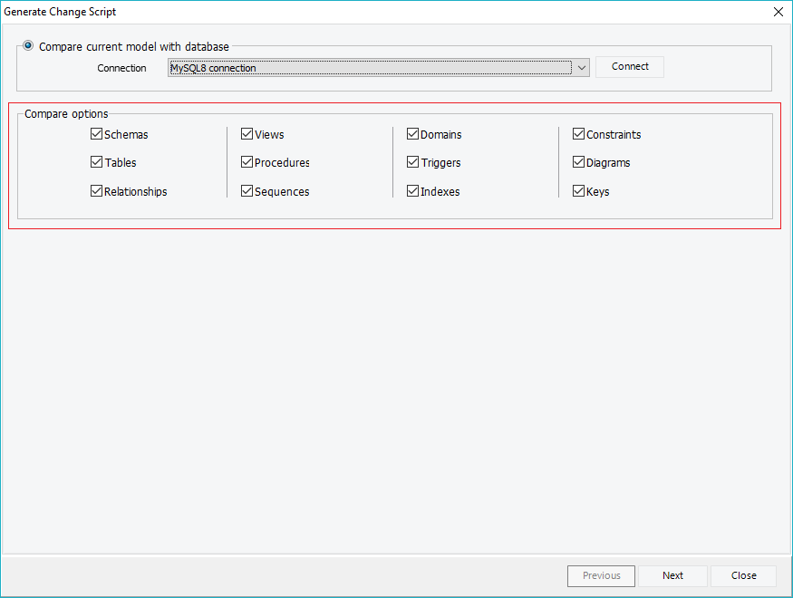 ERBuilder schema synchronization options