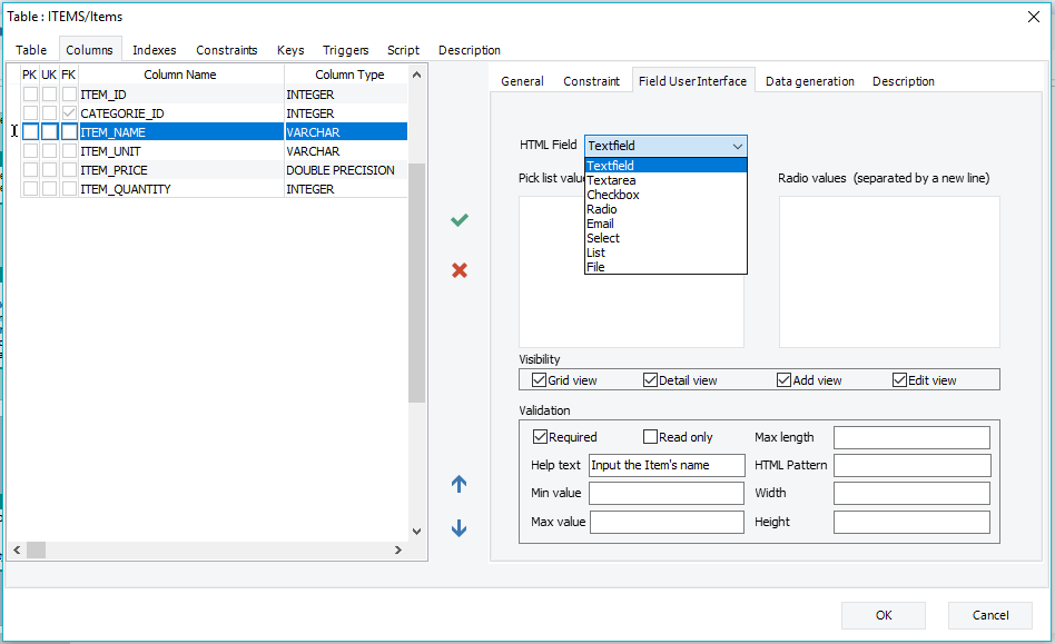 ERBuilder Filed user interface