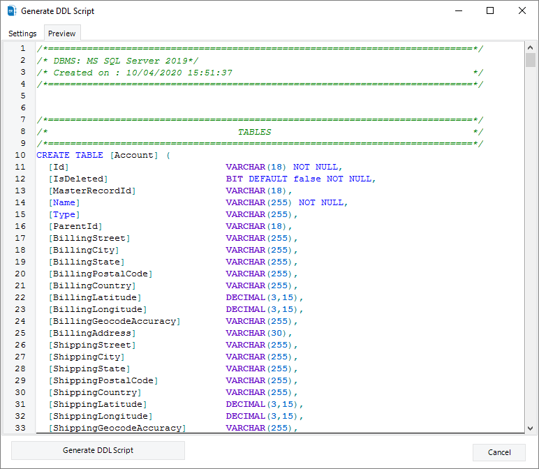 salesforce to dbms script generated