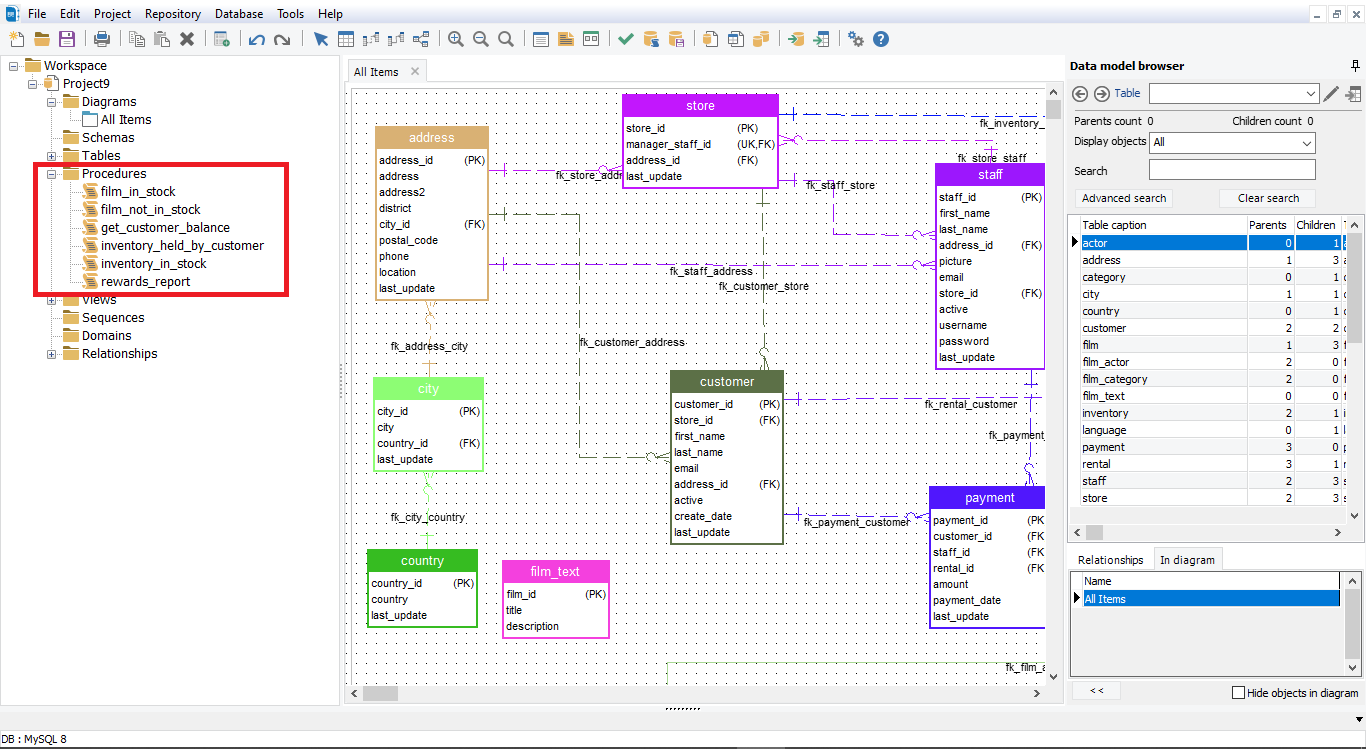 List stored procedures and functions using ERBuilder Data Modeler 