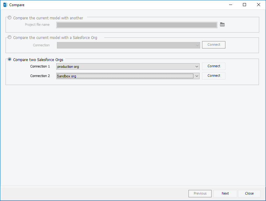 compare two salesforce org window