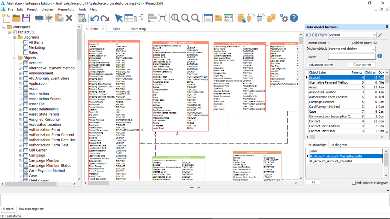 Abstralinx main screen Salesforce erd