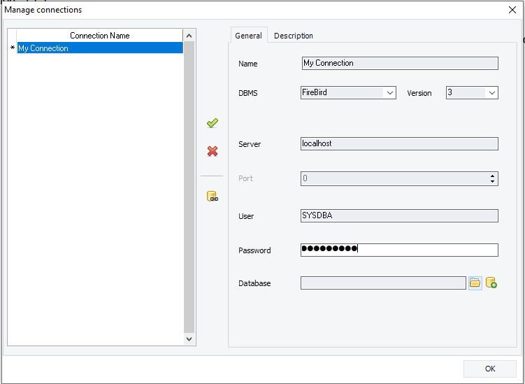 Fill in the required fields to create a connection to Firebird database