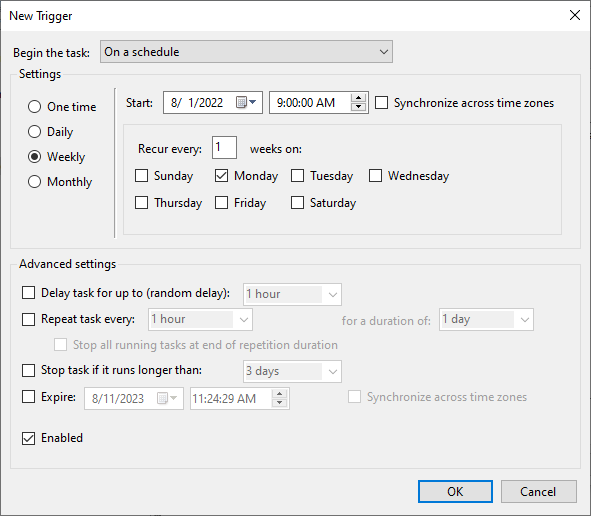 Choose a date for the trigger on windows task scheduler