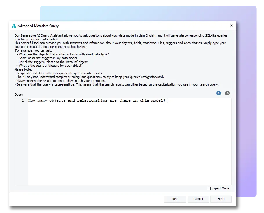 The advanced metadata query is an AI query assistant